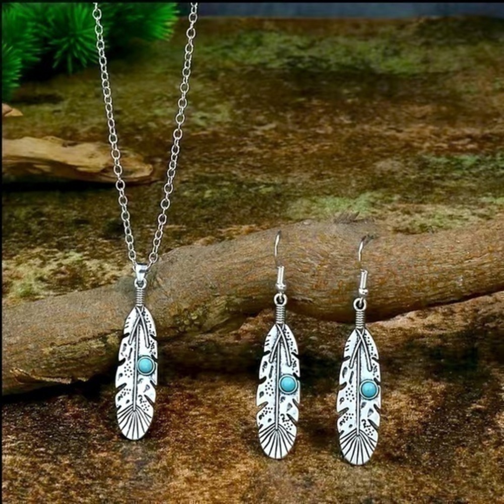 Southwest Style Turquoise Feather Design Necklace And Earrings Set